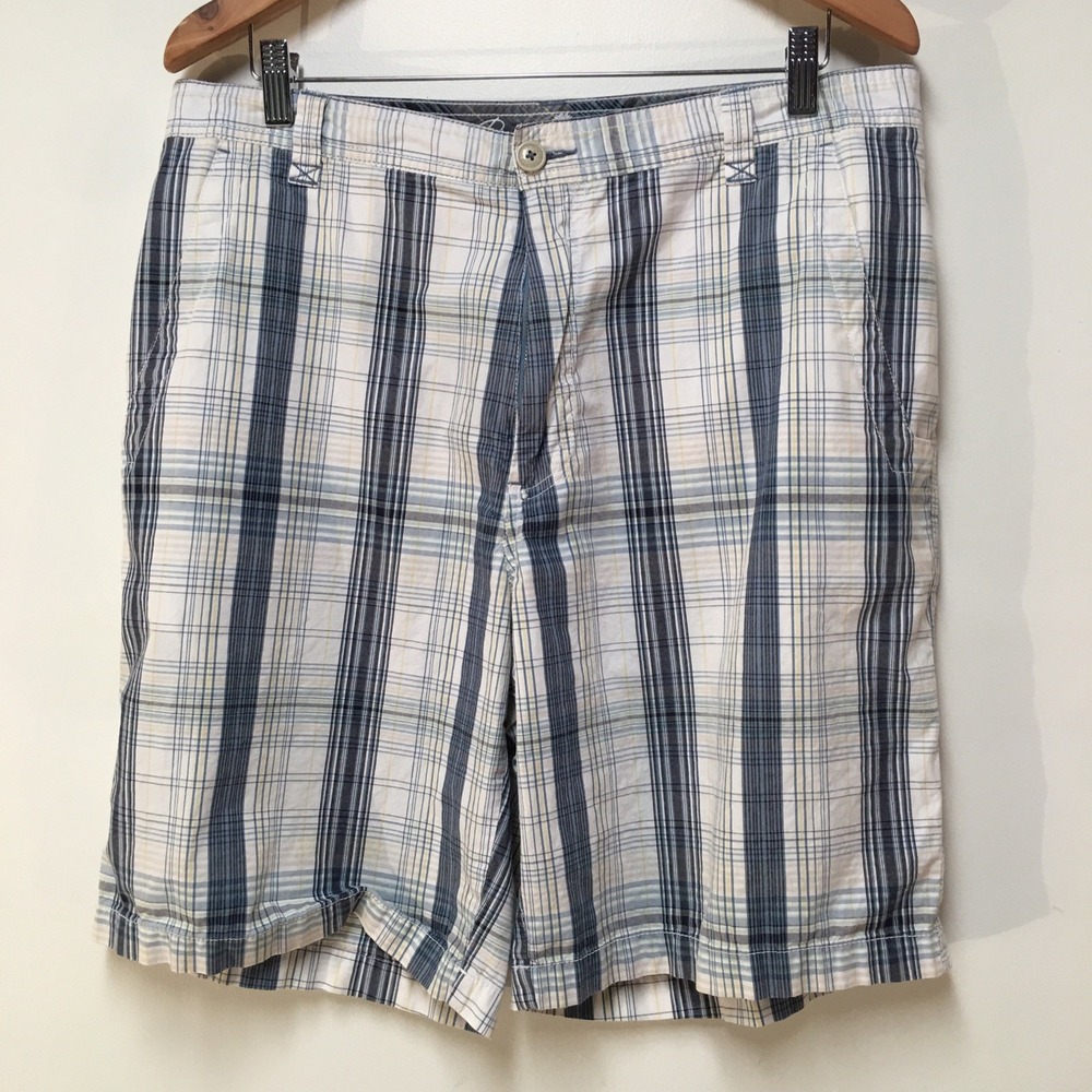 Paradise Collection Plaid Shorts Mens 36 Blue White Cotton Flat Front Casual